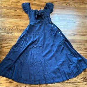 Navy Blue Midi Dress with Button Detail